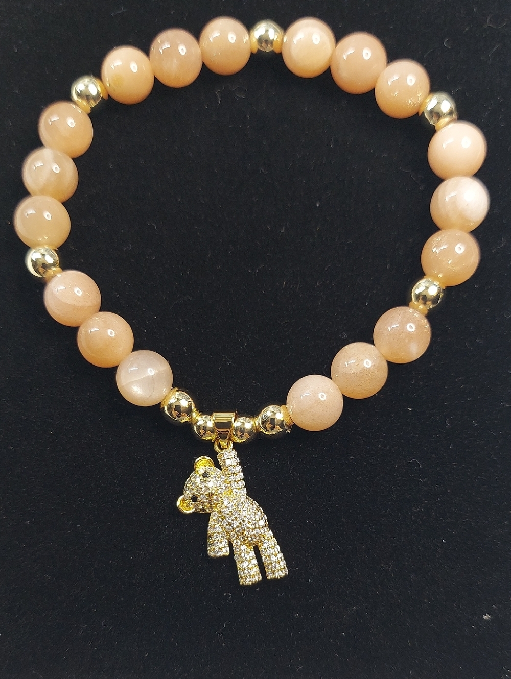 Peach Moonstone & Gold Beaded Stretch Bracelet with Gold Teddy Bear / Czs Charm